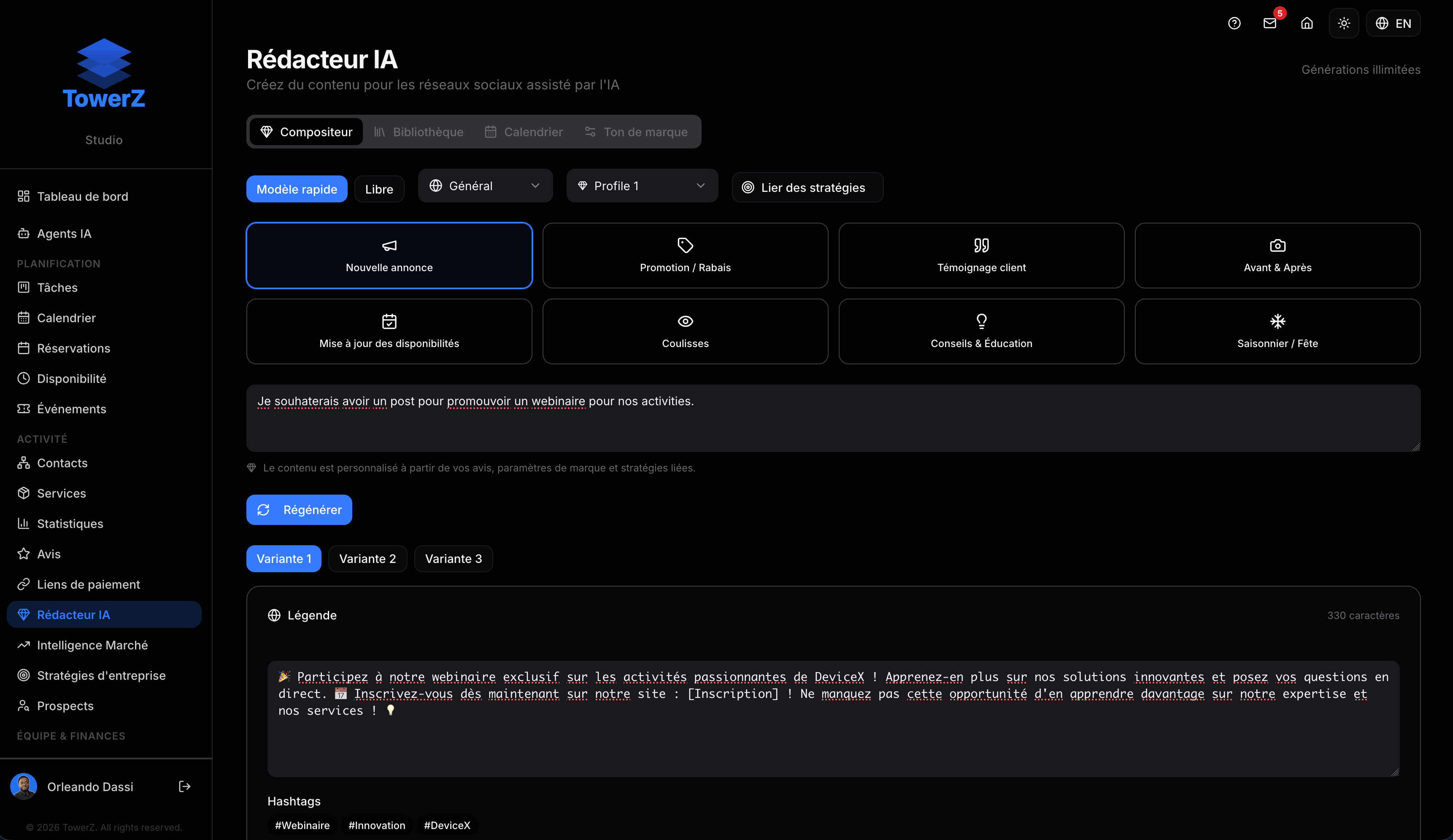 TowerZ Rédacteur IA — génération de contenu et planification du calendrier